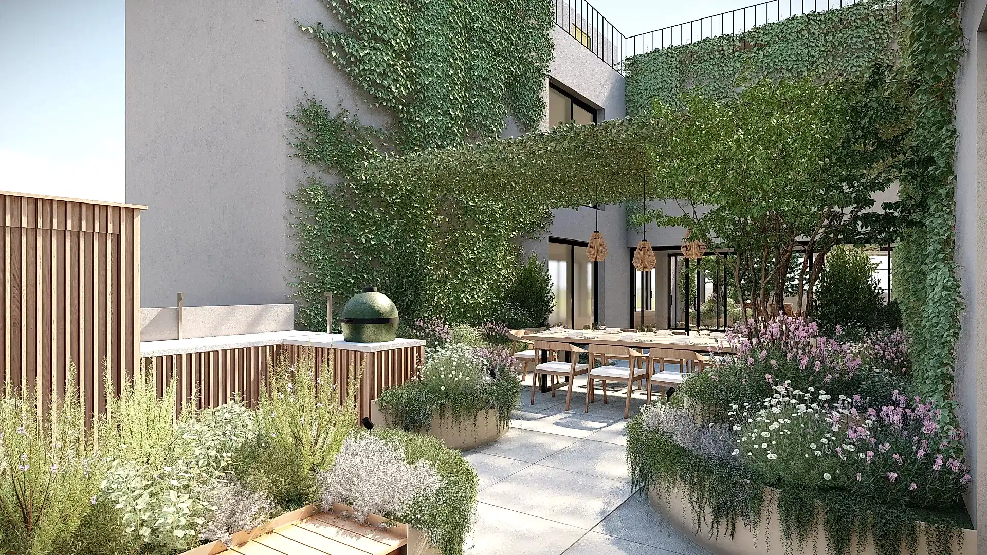 a patio with a table and chairs and plants