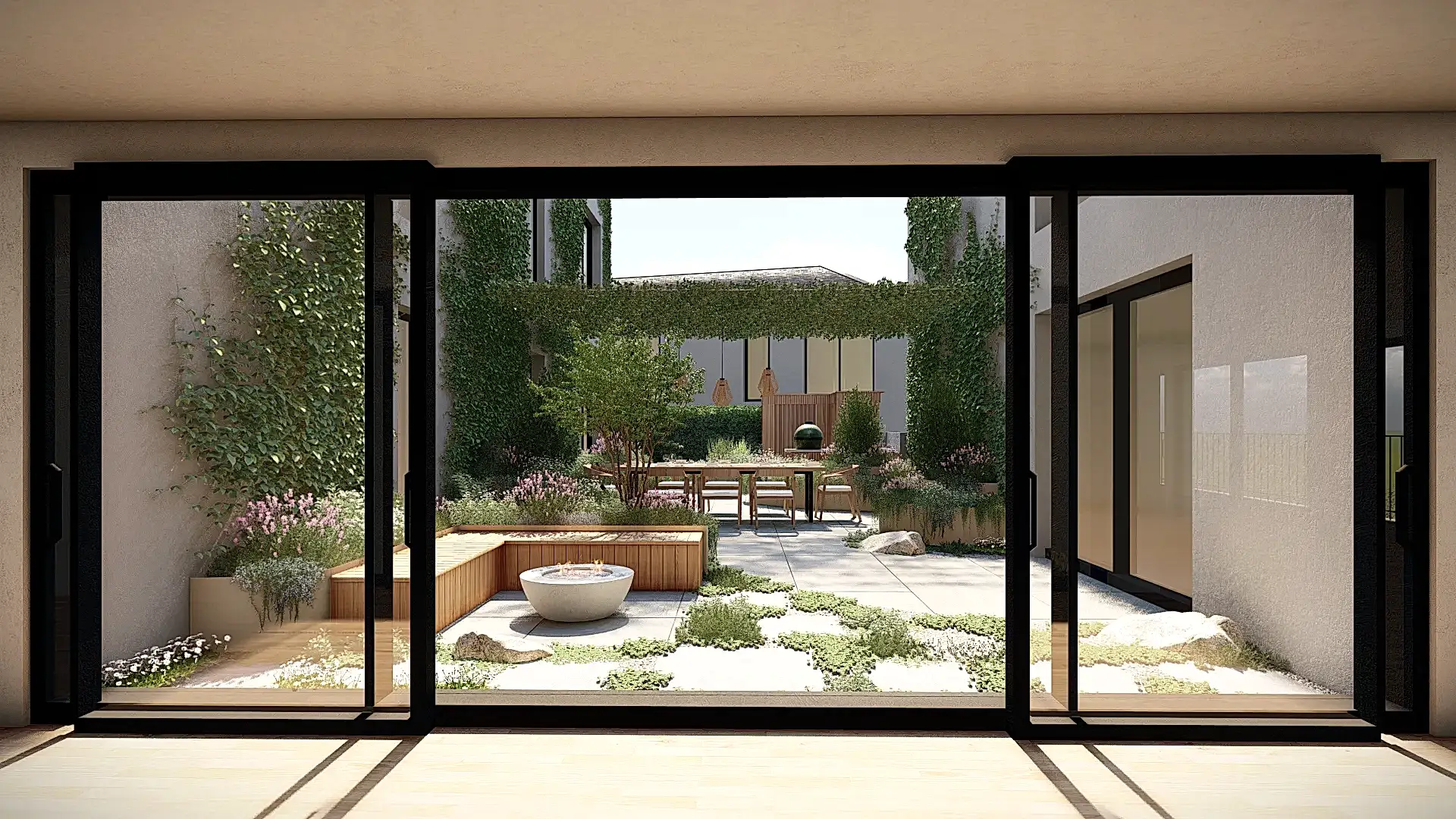 a glass door with a patio and a table