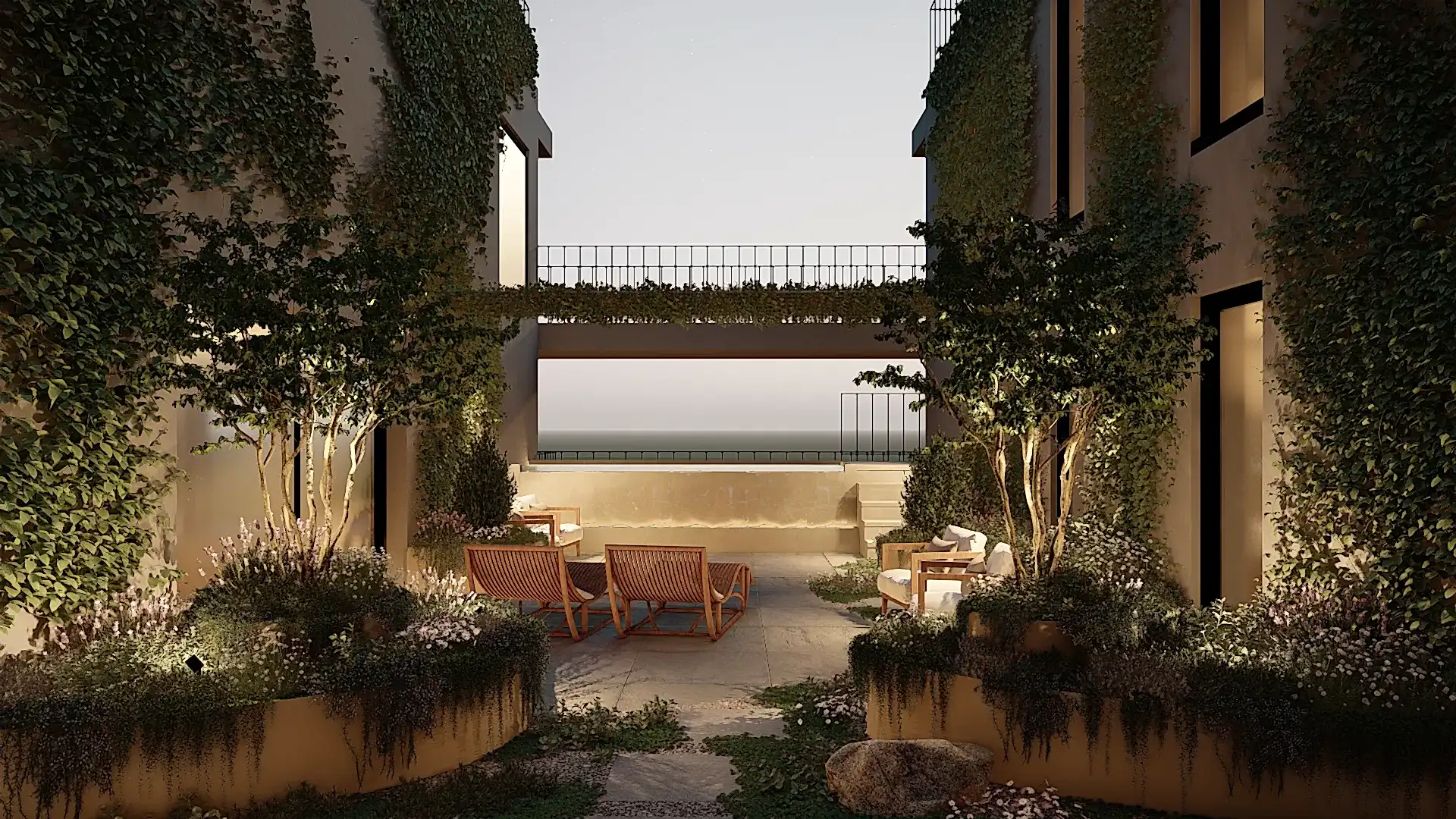 a patio with chairs and trees