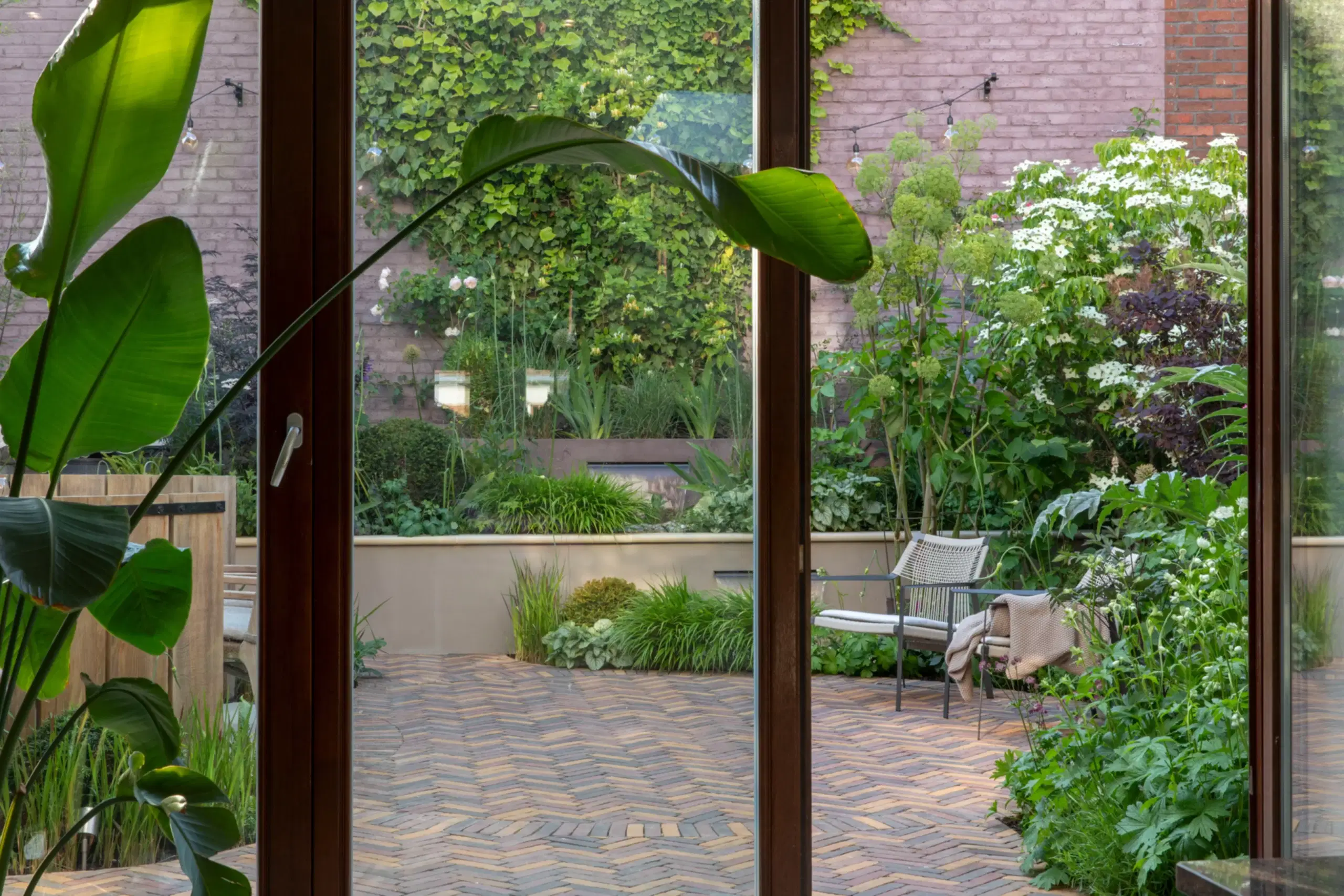 a patio with a large window