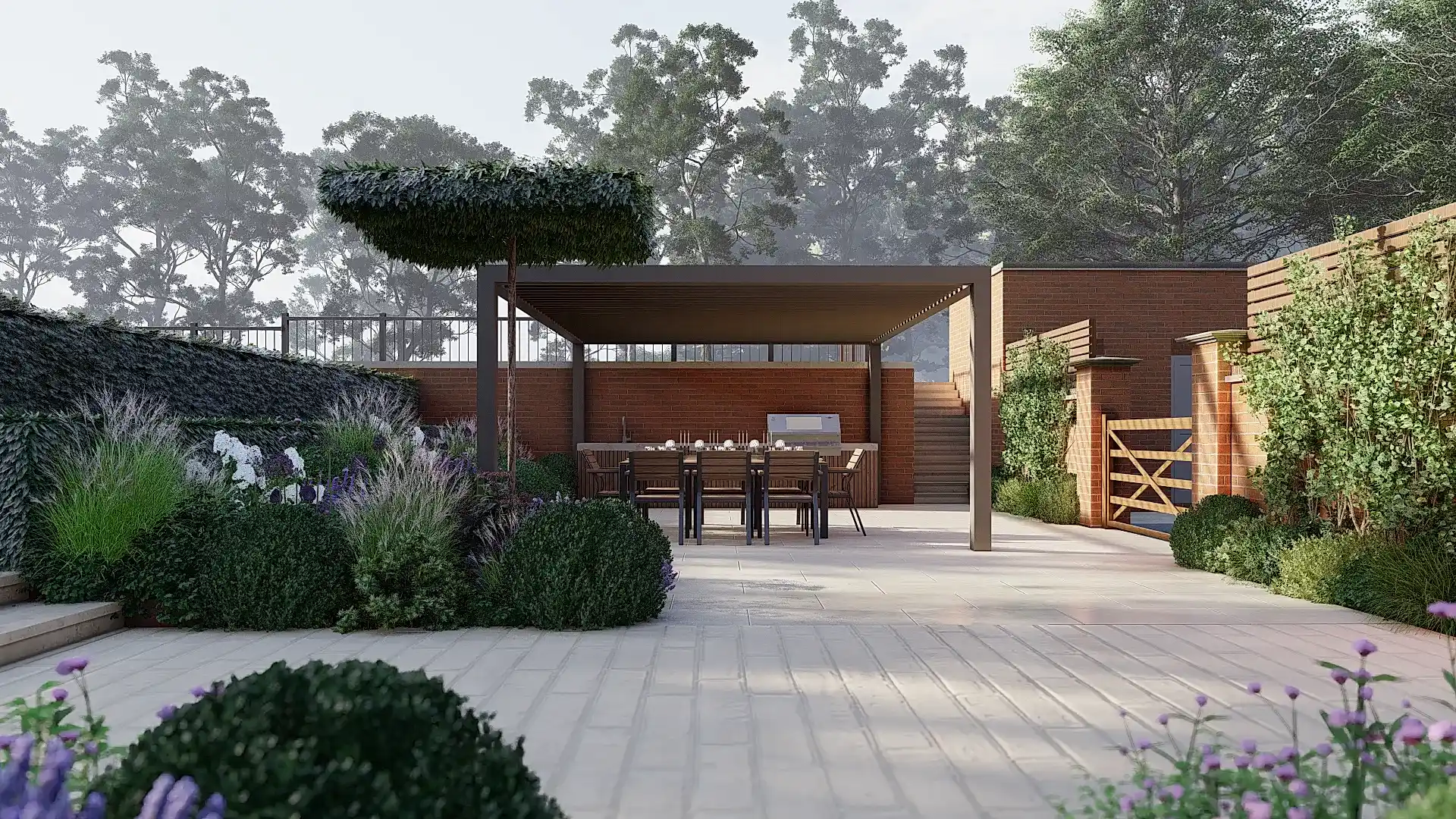 large garden design with outdoor kitchen and pergola area