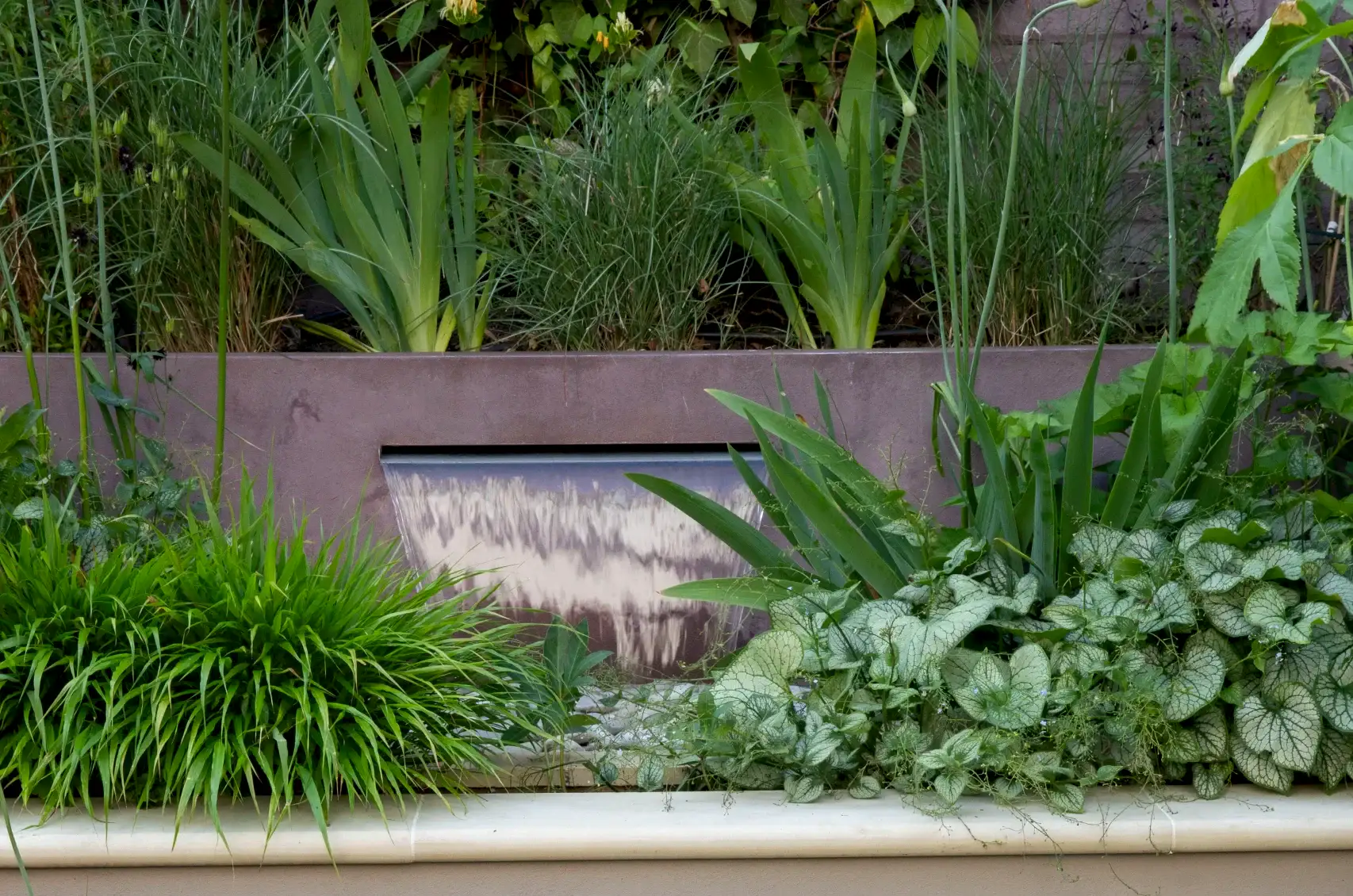 Modern waterfall in a small garden