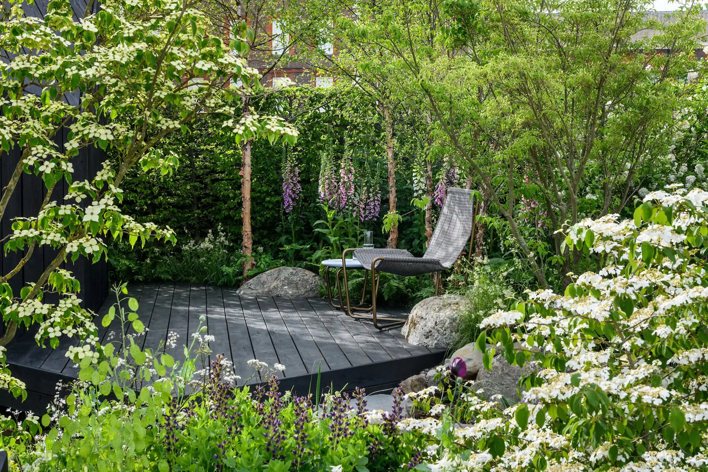 Naturalistic garden design by Tony Woods with flowering Cornus, yoga deck and foxgloves