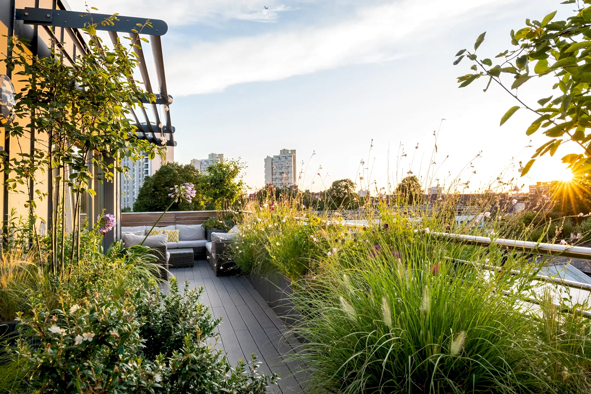 a patio with a couch and plants