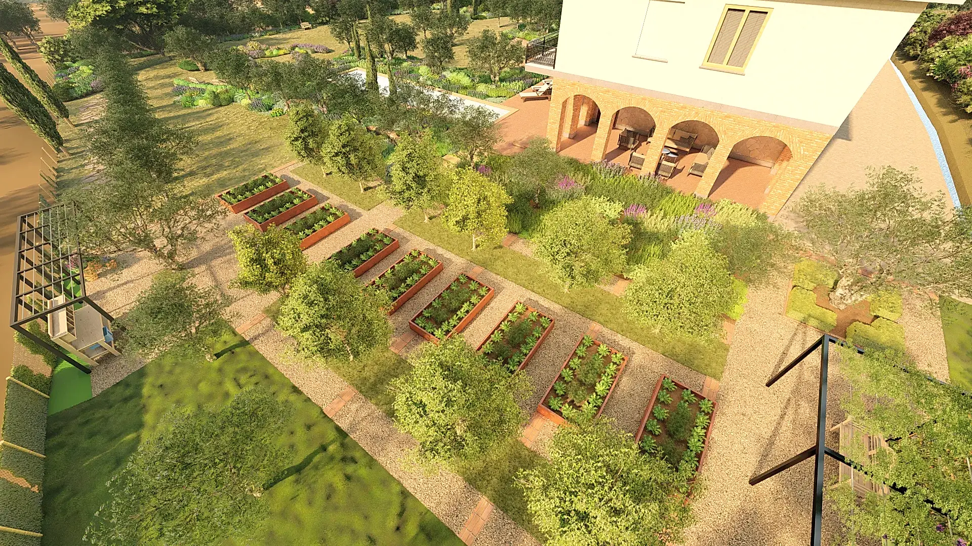 a garden with trees and a building