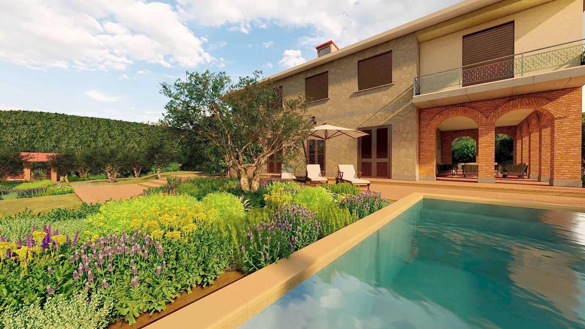 a pool in front of a house