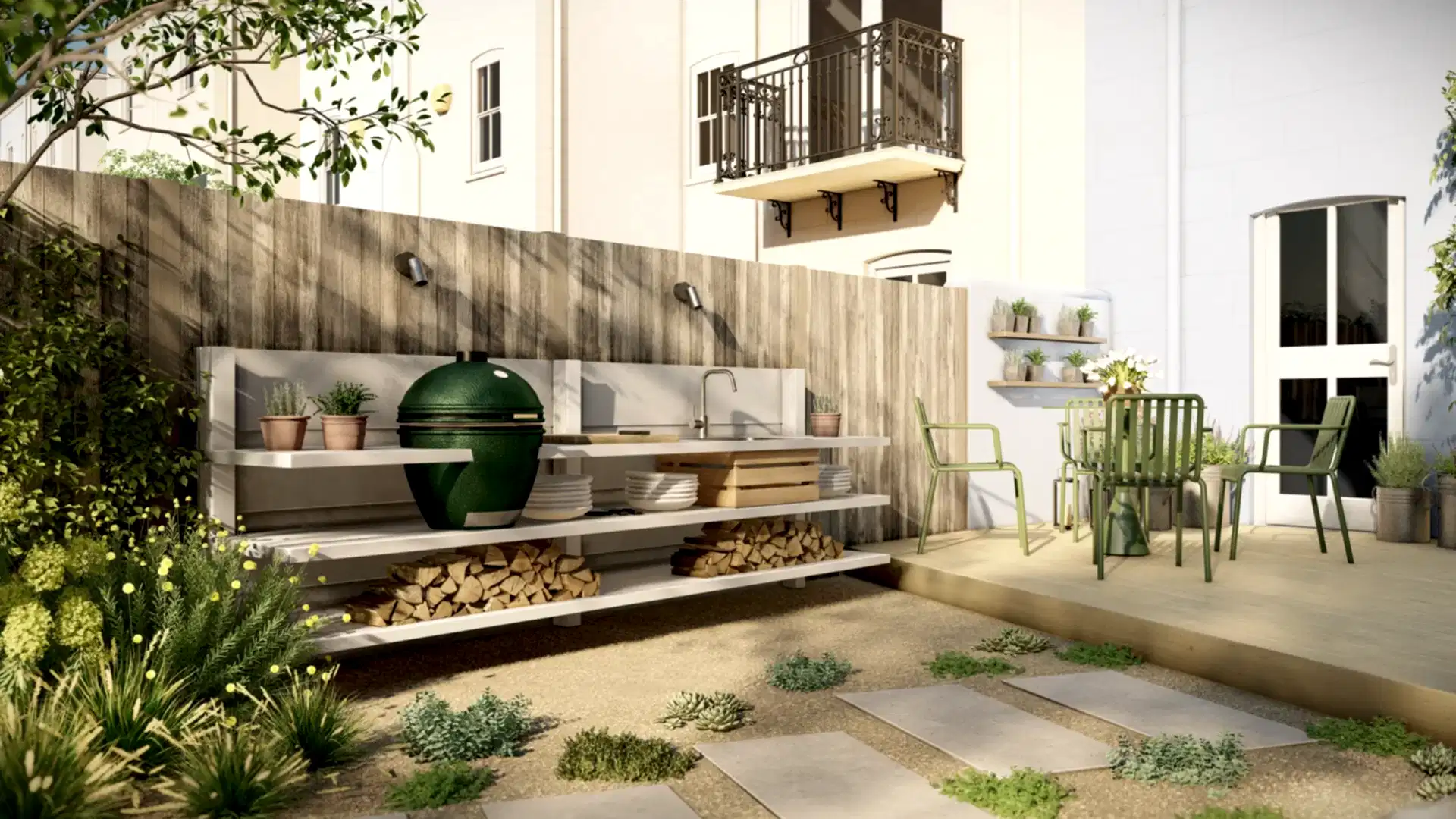 Garden design with outdoor kitchen for coastal house on the Kent coast