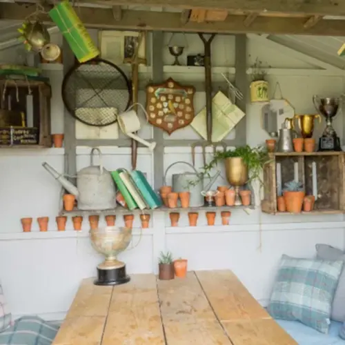 Garden design with a den for a pub beer garden with vintage aesthetic