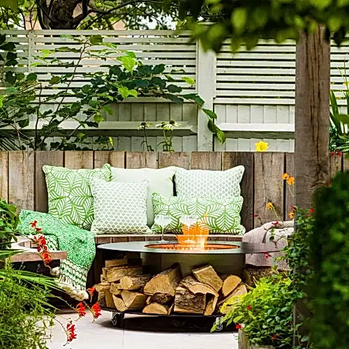 a fire pit in a garden