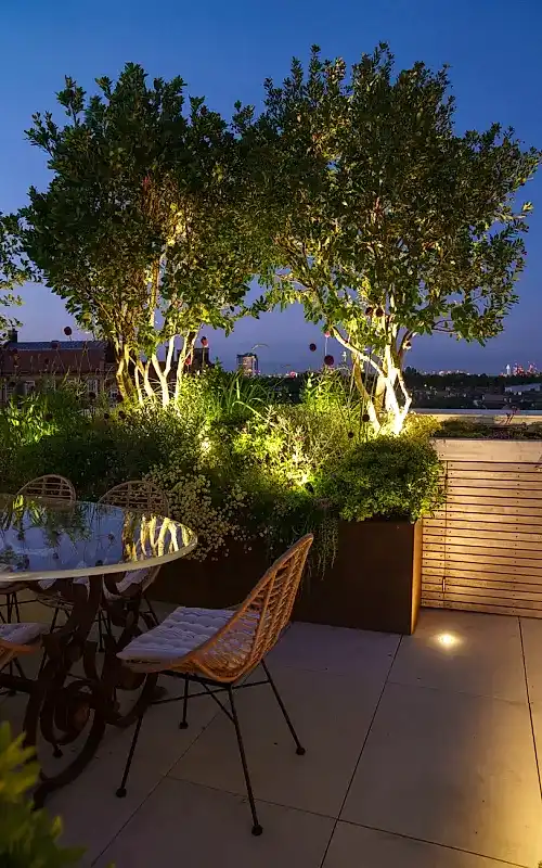 Roof terrace in the city with lighting design for evening entertainment