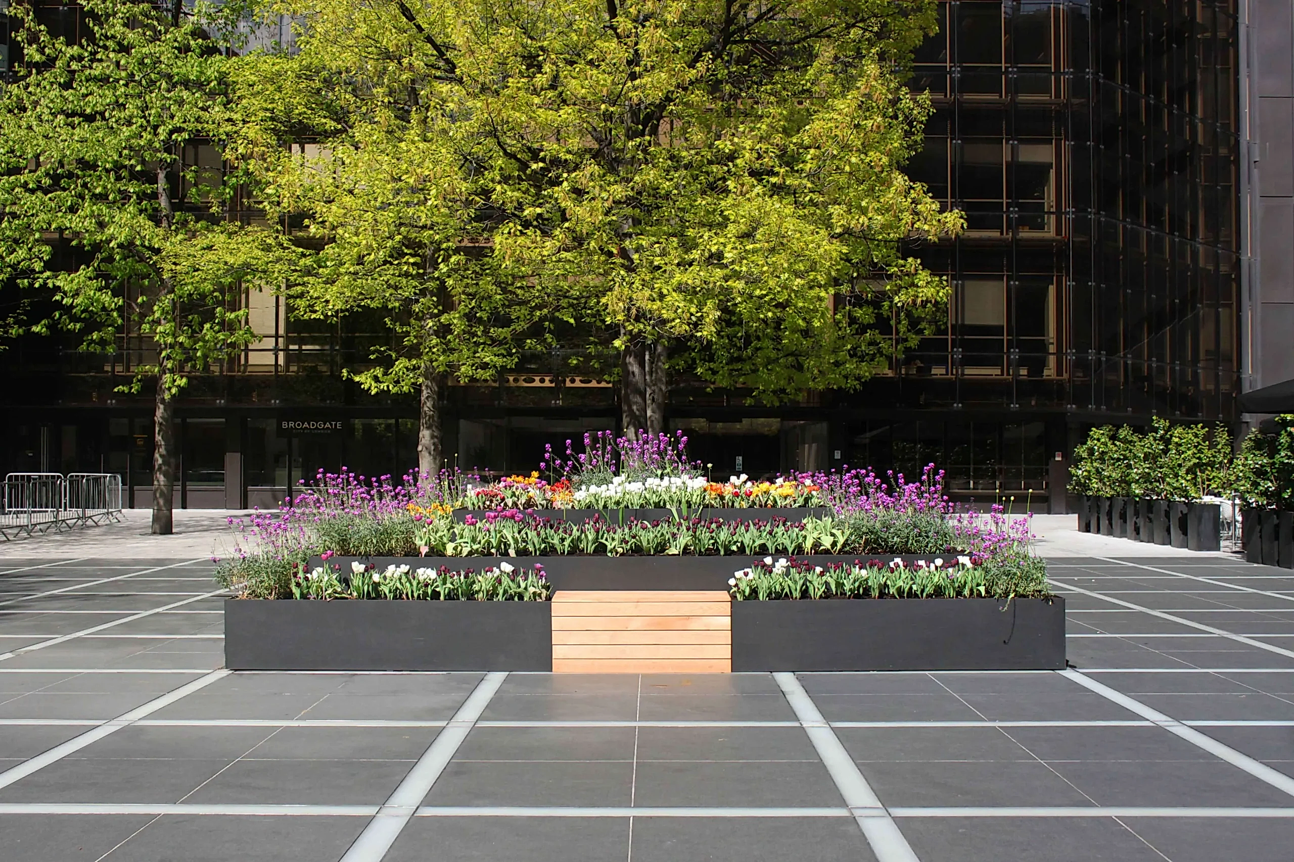 a large square black planter with flowers in front of a building