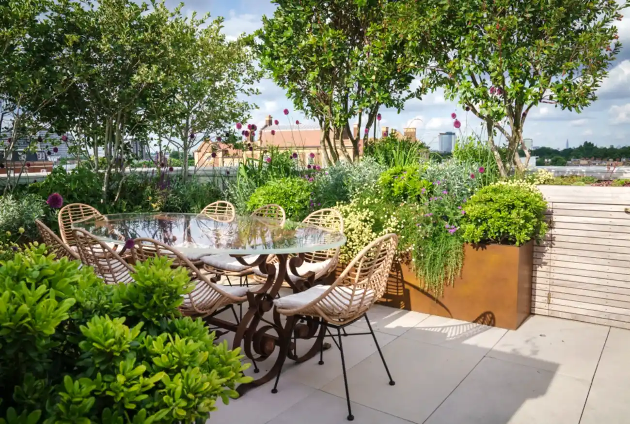 a table and chairs on a patio