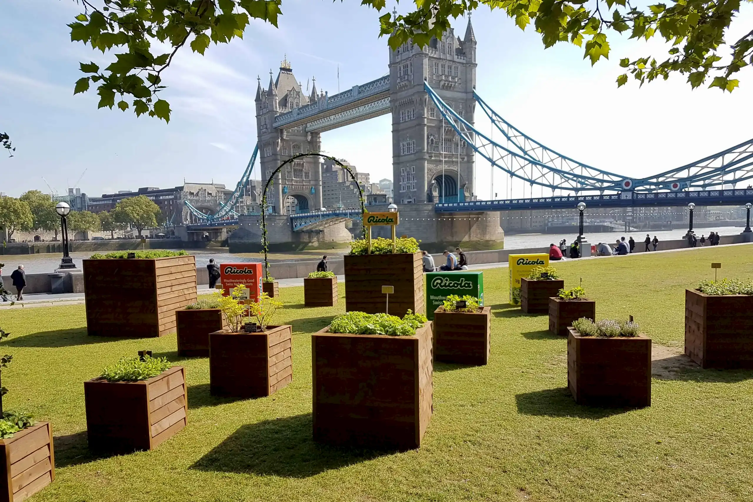 a garden with Tower bridge in the background